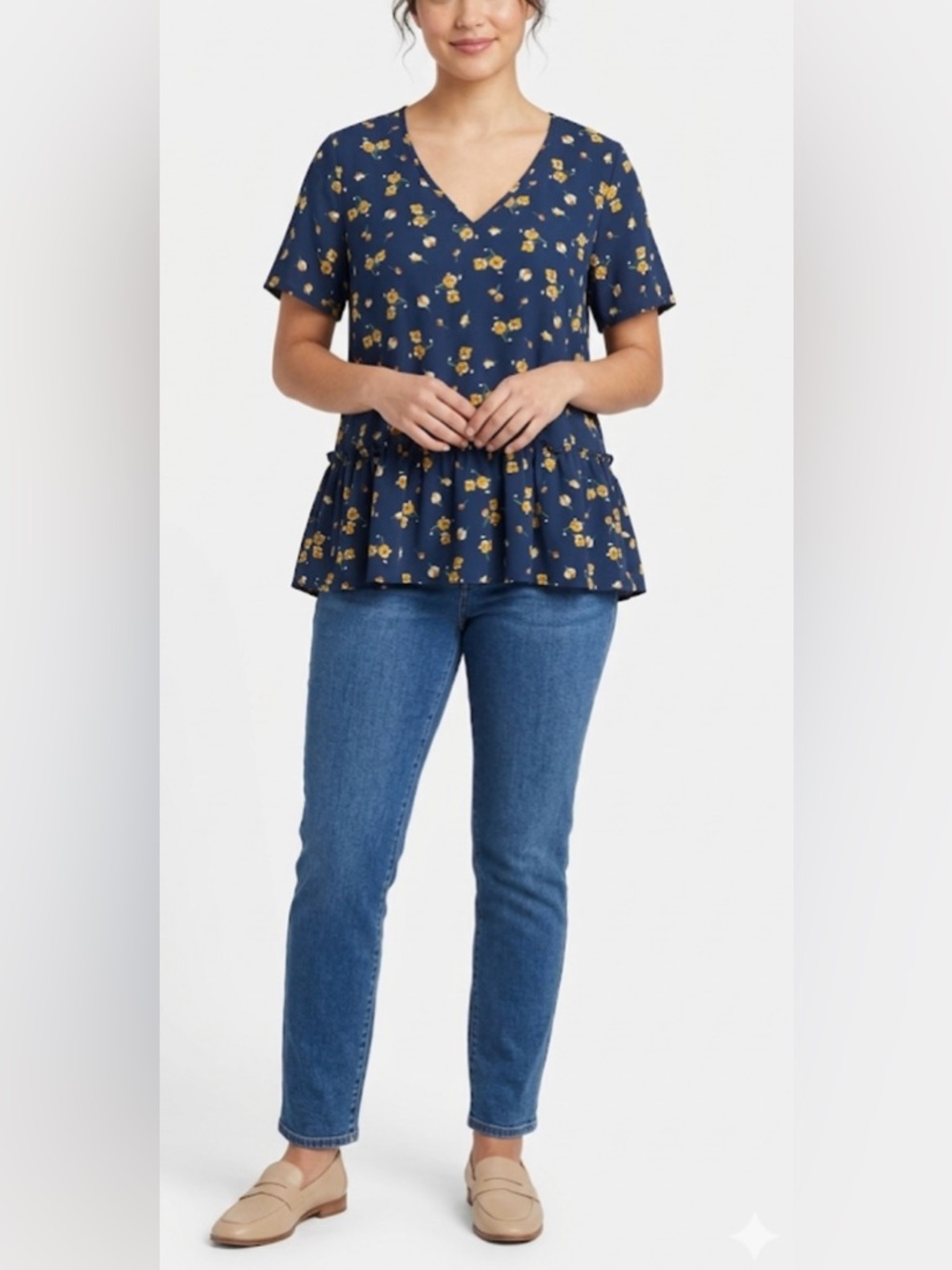Pleione Navy with yellow floral dressy ruffle blouse Size XS